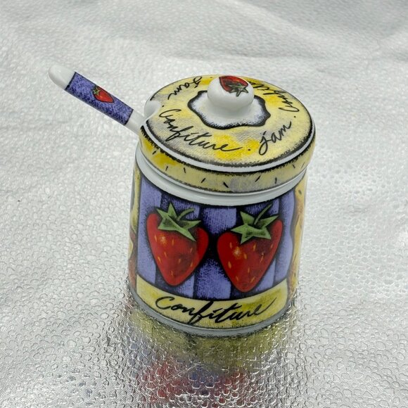 Hand-Painted Fruit-Themed Porcelain Jam Jar With Lid & Spoon‎ Set By MSC Berries - Picture 1 of 16